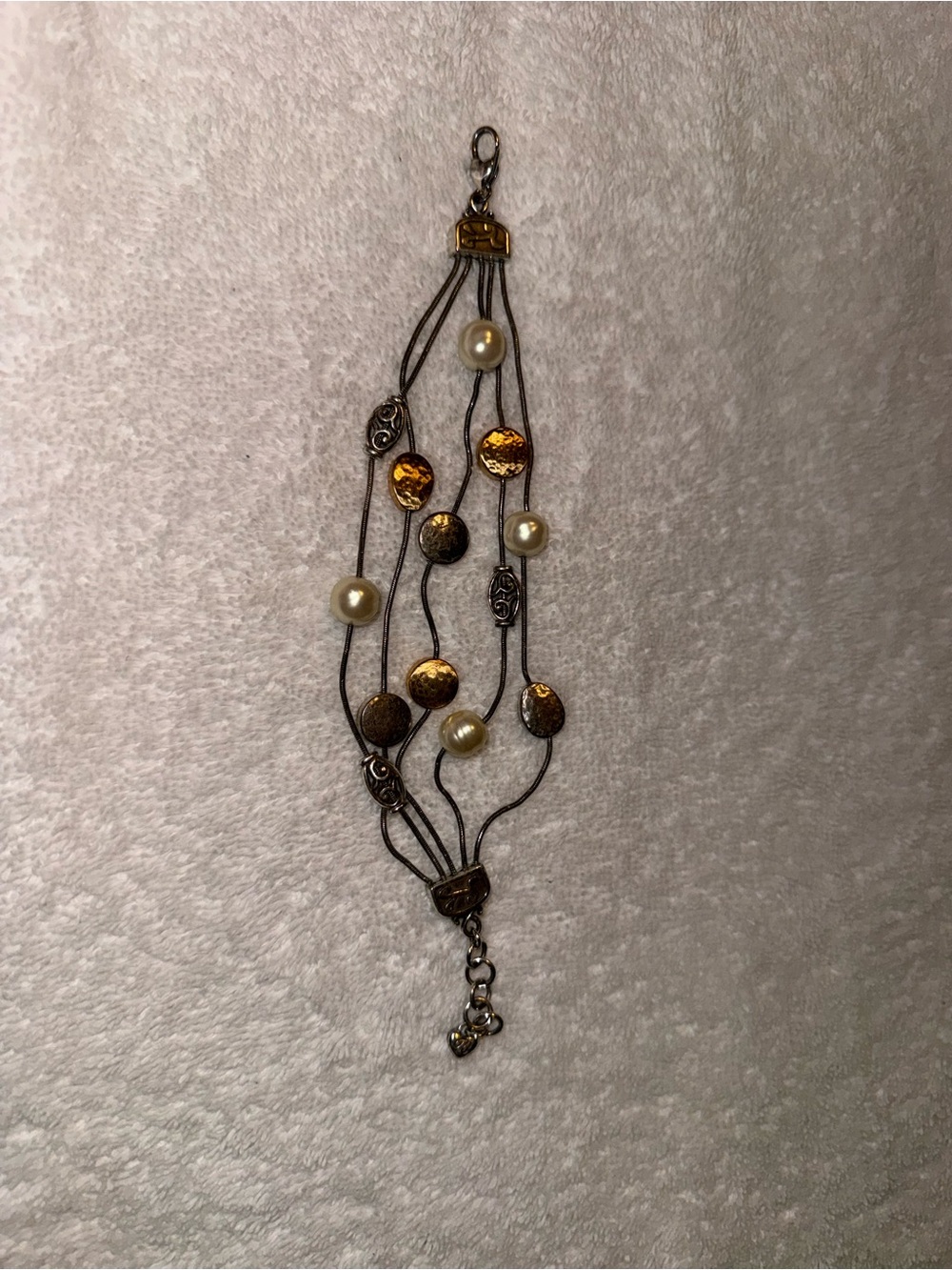 Multi-Strand Pearl and Gold Disc Bracelet in Cream and Gold